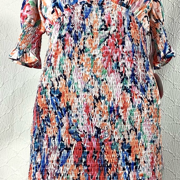 NWT Large Luxxel Multicolor Floral Midi Dress smocked body ruffle - Picture 10 of 16
